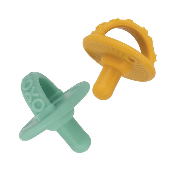 Nuby 3-D Sili Soother Pacifiers with Soft Handle and Two Safety Air Holes, 2 Pack, 0+ Months, Purple Bow and Pink Flowers