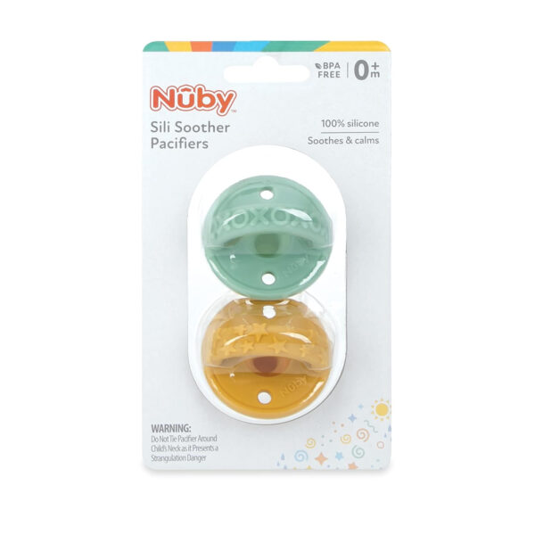 Nuby 3-D Sili Soother Pacifiers with Soft Handle and Two Safety Air Holes, 2 Pack, 0+ Months, Purple Bow and Pink Flowers
