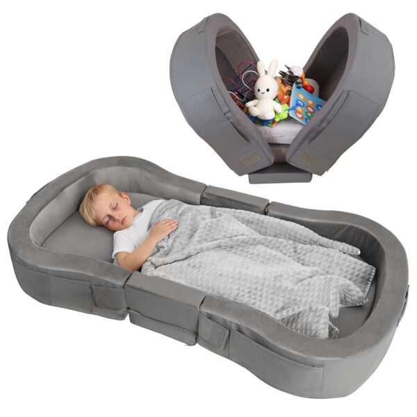 ENITYA Toddler Travel Bed, Foldable Floor Cot with Washable Cover for Travel, Camping, Home, Portable Crib for Kids Aged 18M–5Y, Easy to Use, Kids Cot for Sleeping, Grey