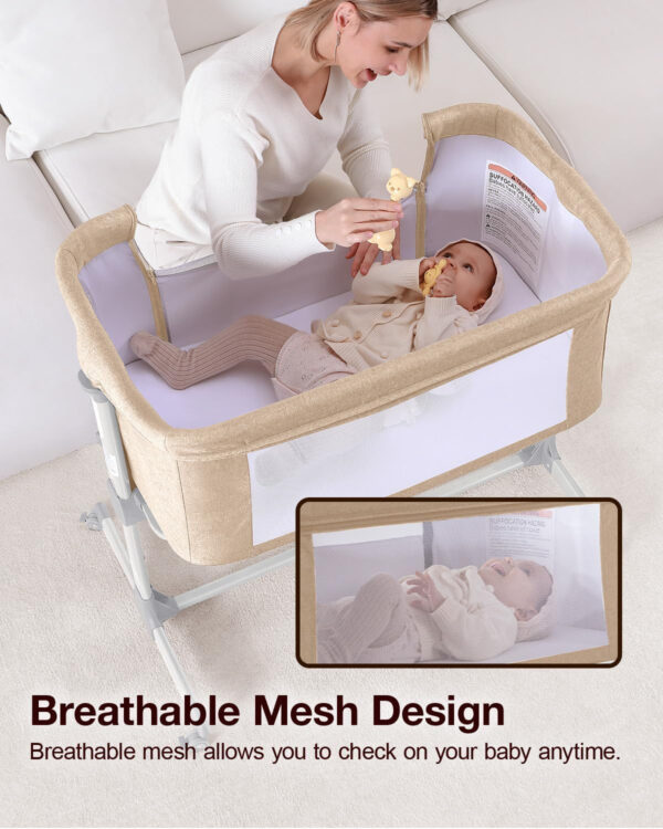 Larex Baby Bassinet, 3 in 1 Bassinets Bedside Sleeper for Newborn, Portable Crib Adjustable 7 Height Bedside Bassinet with Mattress and Wheels Khaki