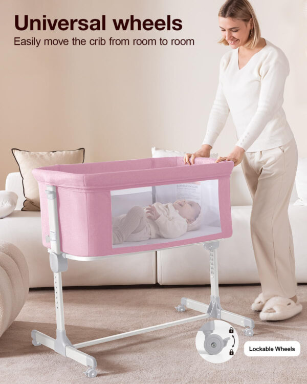 Larex Baby Bassinet, 3 in 1 Bassinets Bedside Sleeper for Newborn, Portable Crib Adjustable 7 Height Bedside Bassinet with Mattress and Wheels Khaki