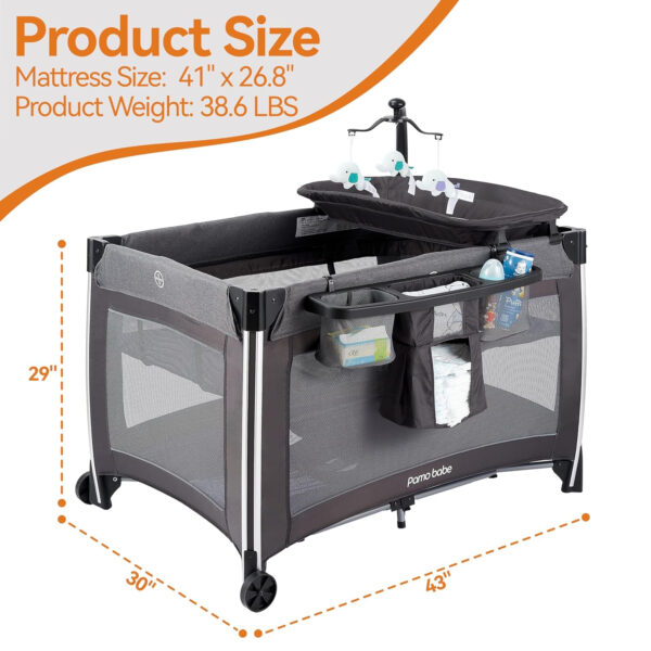 Pamo Babe 4 in 1 Portable Baby Crib Deluxe Nursery Center, Foldable Travel Playard with Bassinet, Mattress, Changing Table for Newborn, Infant, Toddler(Grey)