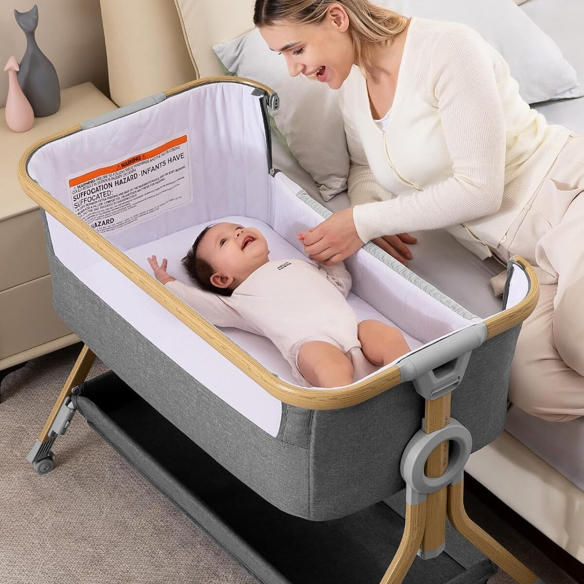 Larex Baby Bassinet Bedside Sleeper for Baby, Baby Crib Bed for Newborn Infant, Bedside Bassinet with Wheels, 5 Adjustable Height, Mosquito Net, Breathable Mattress and Mesh, Storage Basket and Bag