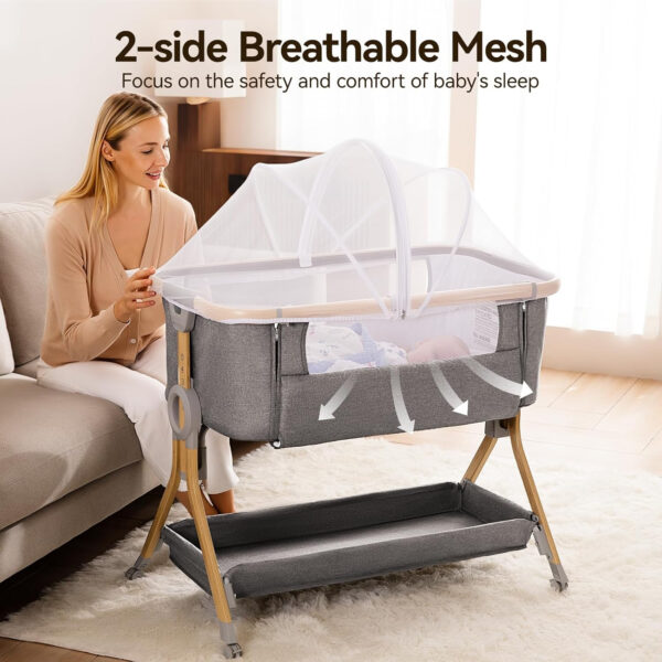 Larex Baby Bassinet Bedside Sleeper for Baby, Baby Crib Bed for Newborn Infant, Bedside Bassinet with Wheels, 5 Adjustable Height, Mosquito Net, Breathable Mattress and Mesh, Storage Basket and Bag
