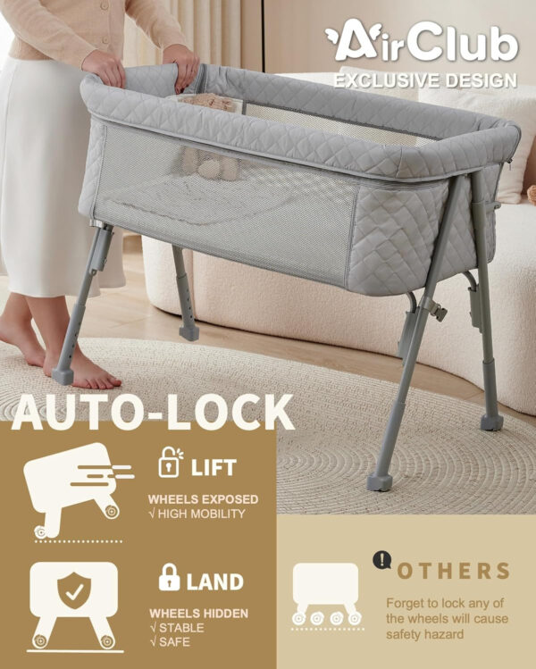 Bassinet Bedside Sleeper, Baby Crib for Newborn, Baby Bassinets Bedside Sleeper with 4 Auto-Lock & Adjustable Height, Breathable Mesh & Mattress, Bedside Bassinet