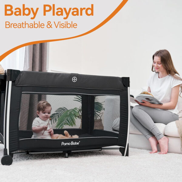 Pamo Babe 4 in 1 Portable Baby Crib Deluxe Nursery Center, Foldable Travel Playard with Bassinet, Mattress, Changing Table for Newborn, Infant, Toddler(Grey)