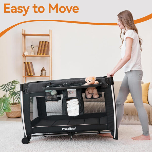 Pamo Babe 4 in 1 Portable Baby Crib Deluxe Nursery Center, Foldable Travel Playard with Bassinet, Mattress, Changing Table for Newborn, Infant, Toddler(Grey)