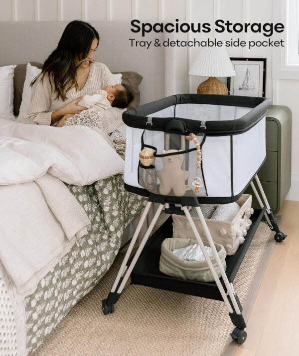 Fodoss Baby Bassinet Bedside Sleeper with Wheels and Storage Tray,4-Sided Mesh Bedside Bassinet for Infant/Newborn,7 Height Adjustable Easy Folding Bedside Crib