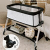 Fodoss Baby Bassinet Bedside Sleeper with Wheels and Storage Tray,4-Sided Mesh Bedside Bassinet for Infant/Newborn,7 Height Adjustable Easy Folding Bedside Crib