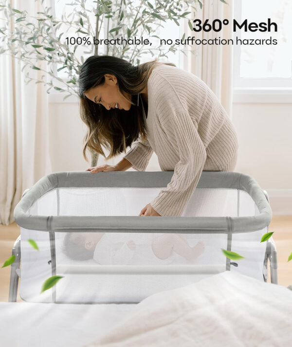 Fodoss Baby Bassinet Bedside Sleeper with Wheels and Storage Tray,4-Sided Mesh Bedside Bassinet for Infant/Newborn,7 Height Adjustable Easy Folding Bedside Crib