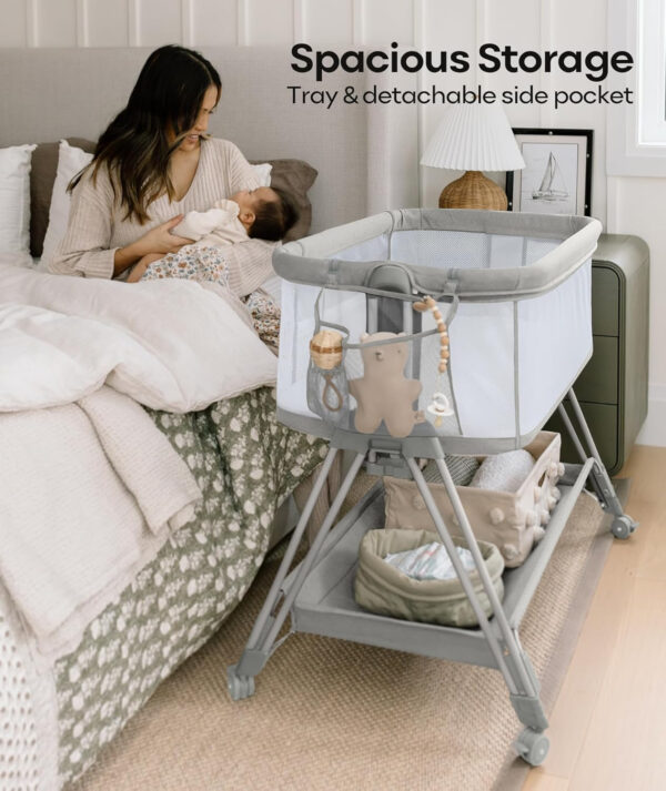 Fodoss Baby Bassinet Bedside Sleeper with Wheels and Storage Tray,4-Sided Mesh Bedside Bassinet for Infant/Newborn,7 Height Adjustable Easy Folding Bedside Crib