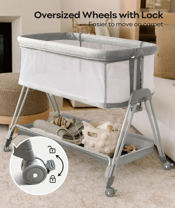 Fodoss Baby Bassinet Bedside Sleeper with Wheels and Storage Tray,4-Sided Mesh Bedside Bassinet for Infant/Newborn,7 Height Adjustable Easy Folding Bedside Crib