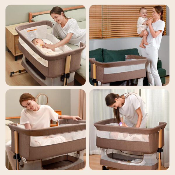 3 in 1 Baby Crib, Bassinet Bedside Crib Adjustable Portable Bed for Infant,Baby Newborn Must Have Bed,Khaki