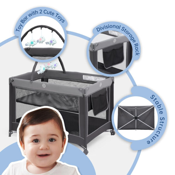 Pamo Babe Portable Playard,Sturdy Play Yard with Padded Mat and Toy bar with Soft Toys