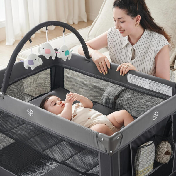 Pamo Babe Portable Playard,Sturdy Play Yard with Padded Mat and Toy bar with Soft Toys