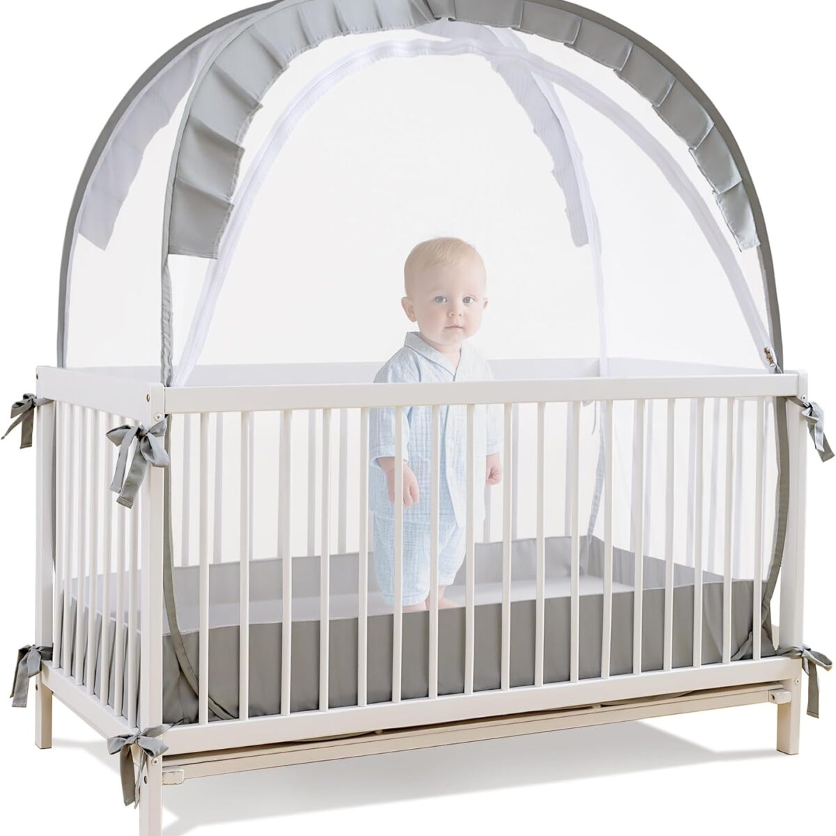 688a9f40364b0e55a19313b57a05b72a2c899da850b3ba7faaeaa.jpg Lazyzzzz Baby Crib Tent - Pop Up Crib Canopy with Double Zipper Self-Locked,1200 Holes/Inch Mesh Crib Net to Keep Baby from Climbing Out, Portable Easy Install 55" L x 27" W x 51" H Grey