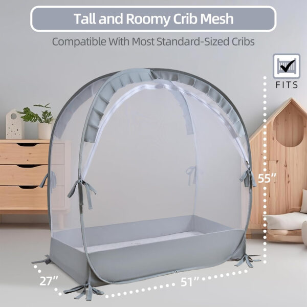 Lazyzzzz Baby Crib Tent - Pop Up Crib Canopy with Double Zipper Self-Locked,1200 Holes/Inch Mesh Crib Net to Keep Baby from Climbing Out, Portable Easy Install 55" L x 27" W x 51" H Grey