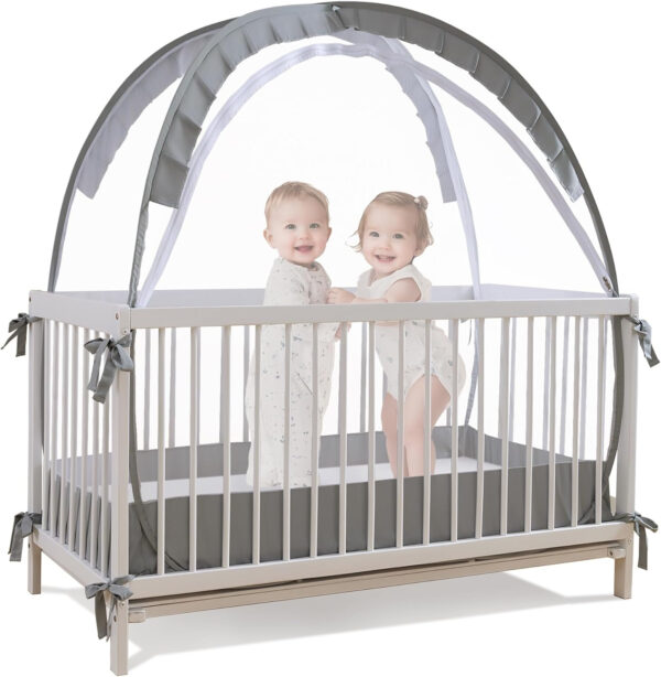 Lazyzzzz Baby Crib Tent - Pop Up Crib Canopy with Double Zipper Self-Locked,1200 Holes/Inch Mesh Crib Net to Keep Baby from Climbing Out, Portable Easy Install 55" L x 27" W x 51" H Grey