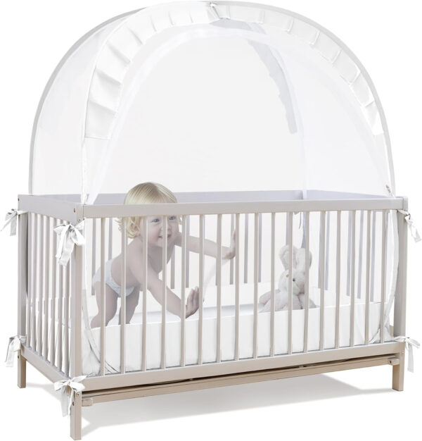 Lazyzzzz Baby Crib Tent - Pop Up Crib Canopy with Double Zipper Self-Locked,1200 Holes/Inch Mesh Crib Net to Keep Baby from Climbing Out, Portable Easy Install 55" L x 27" W x 51" H Grey