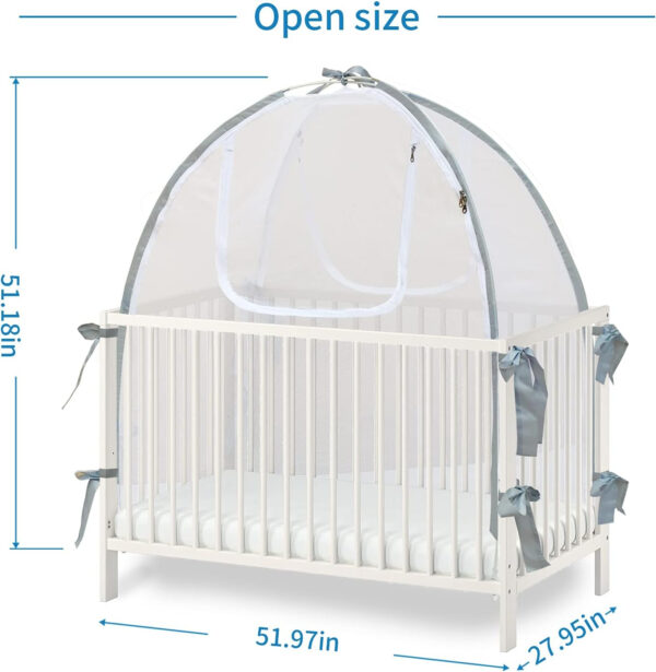 Baby Crib Tent Safety Net, Durable Strong Self-Locking Zippers, Protects from Climbing Out and, Insects, Mosquitoes, Installs with Rods (Crib 52.25" - 28.25")