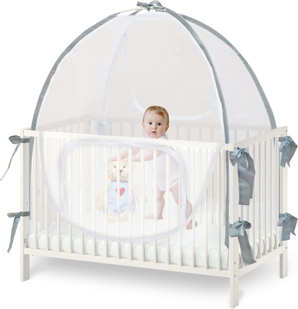 Baby Crib Tent Safety Net, Durable Strong Self-Locking Zippers, Protects from Climbing Out and, Insects, Mosquitoes, Installs with Rods (Crib 52.25" - 28.25")