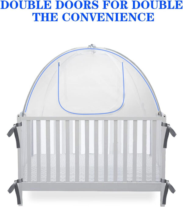 Baby Crib Tent Safety Net, Durable Strong Self-Locking Zippers, Protects from Climbing Out and, Insects, Mosquitoes, Installs with Rods (Crib 52.25" - 28.25")