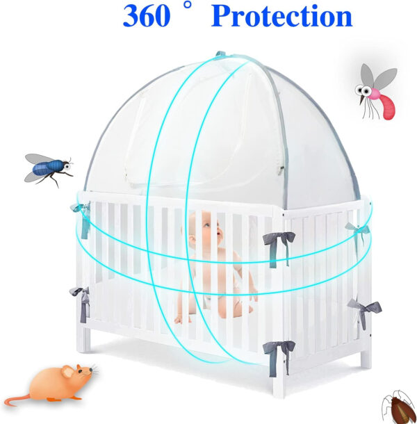 Baby Crib Tent Safety Net, Durable Strong Self-Locking Zippers, Protects from Climbing Out and, Insects, Mosquitoes, Installs with Rods (Crib 52.25" - 28.25")