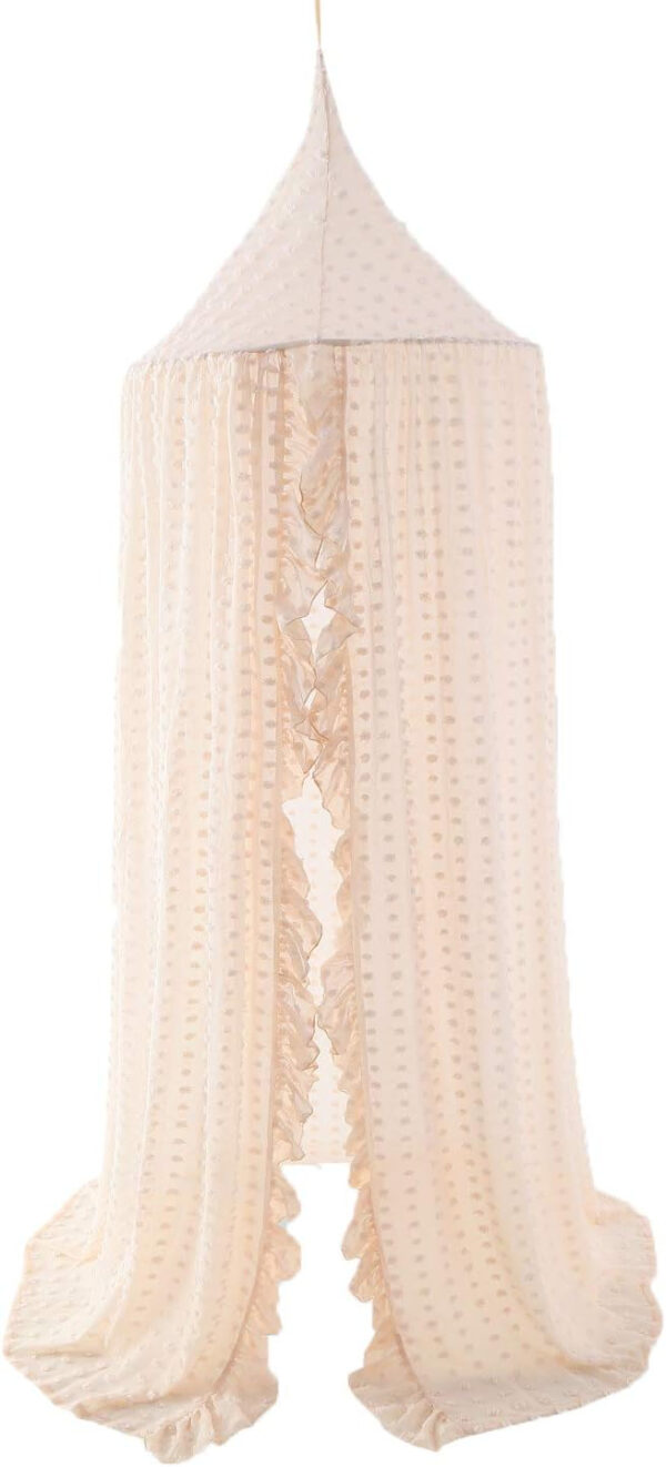 688aa0ccc0ea18bdcfa6c85c2f86d3ea46f2519a4cad6f76f07a8.jpg Wonder Space Elegant Kids Bed Canopy - Lace Chiffon Netting with Pom Pom, Princess Girls Fairy Dream Tent, Nursery Room Baby Crib Hanging Curtain Mosquito Net Children Reading Nook Decoration (Beige)