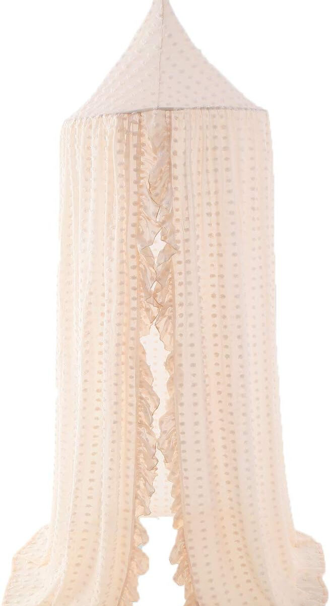 688aa0ccc0ea18bdcfa6c85c2f86d3ea46f2519a4cad6f76f07a8.jpg Wonder Space Elegant Kids Bed Canopy - Lace Chiffon Netting with Pom Pom, Princess Girls Fairy Dream Tent, Nursery Room Baby Crib Hanging Curtain Mosquito Net Children Reading Nook Decoration (Beige)