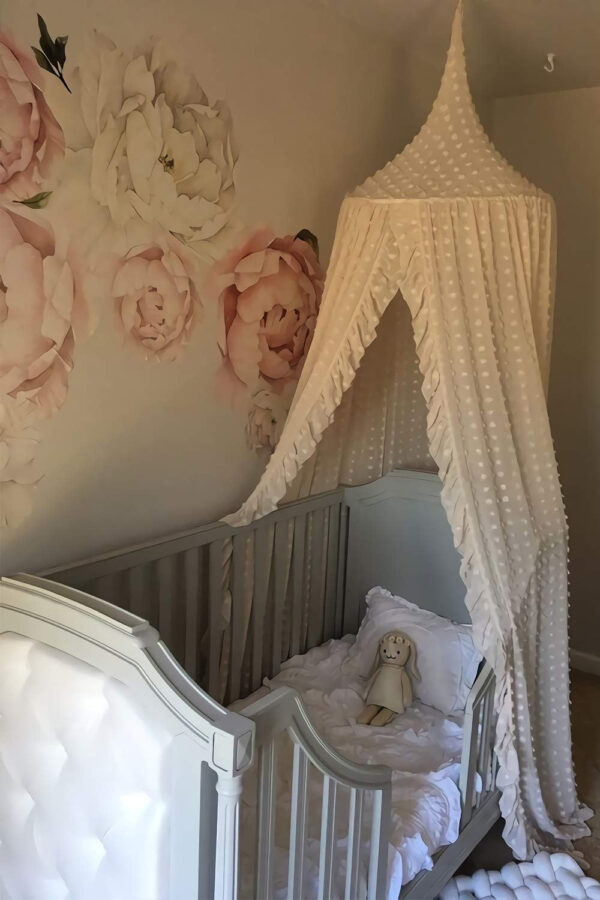 688aa0cf6ce2e7b9ed543d7e01042be1a8787b60a349739f627e0.jpg Wonder Space Elegant Kids Bed Canopy - Lace Chiffon Netting with Pom Pom, Princess Girls Fairy Dream Tent, Nursery Room Baby Crib Hanging Curtain Mosquito Net Children Reading Nook Decoration (Beige)