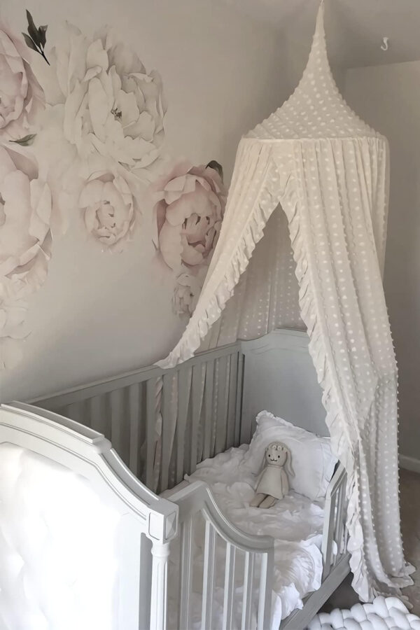 688aa0d2da7121996e9ade8e8c89e9a8ebdcd0a2a5115be4b9de8.jpg Wonder Space Elegant Kids Bed Canopy - Lace Chiffon Netting with Pom Pom, Princess Girls Fairy Dream Tent, Nursery Room Baby Crib Hanging Curtain Mosquito Net Children Reading Nook Decoration (Beige)