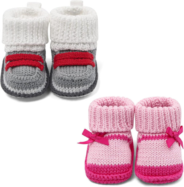 Newborn Knit Booties Soft Baby Sock Boots for Infant Boys Girls First Walkers 2 Pairs, 0-3 Months