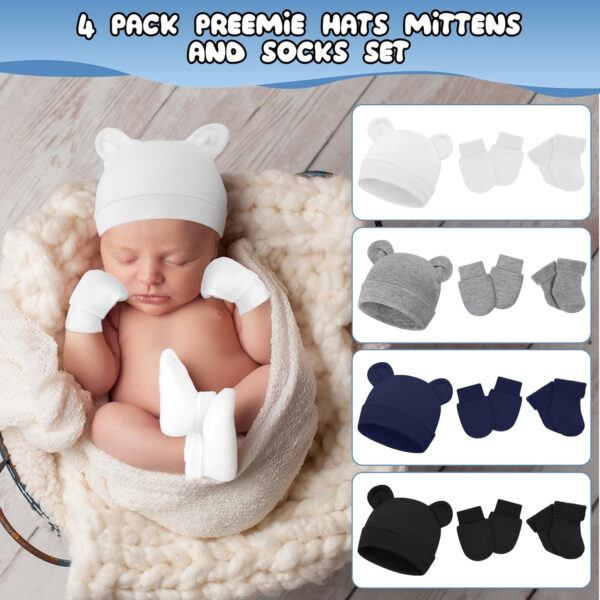 Cuffbow 4 Pcs Preemie Hats Mittens and Socks Set Preemie Mittens Warm Terry Socks for Baby