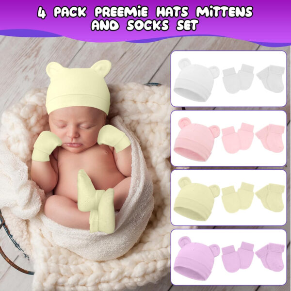 Cuffbow 4 Pcs Preemie Hats Mittens and Socks Set Preemie Mittens Warm Terry Socks for Baby