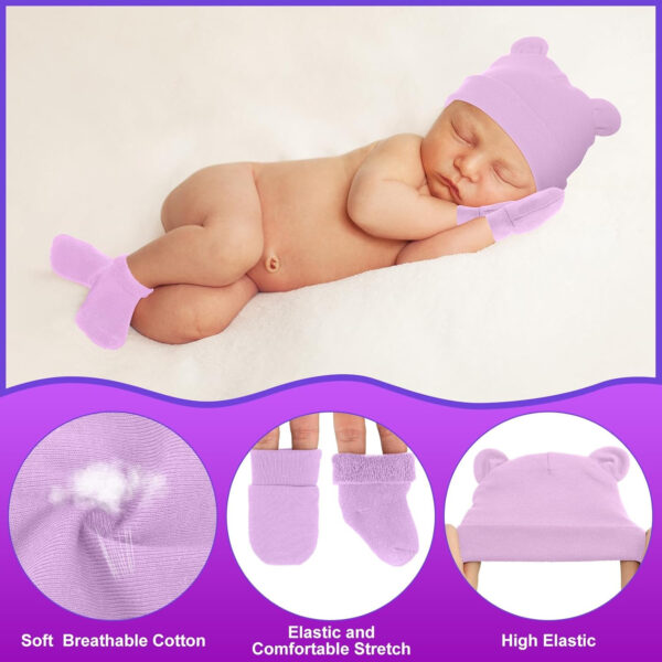 Cuffbow 4 Pcs Preemie Hats Mittens and Socks Set Preemie Mittens Warm Terry Socks for Baby