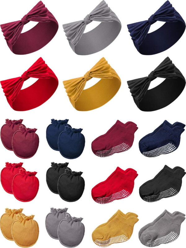 688ae9e80d5d5ddfc2ade5f4b9bd1d2117e60ae33445401ddc978.jpg Geyoga 18 Pieces Baby Headband Newborn Socks and Mittens Sets Elastic Baby Essentials Boys Girls 0-6 Months