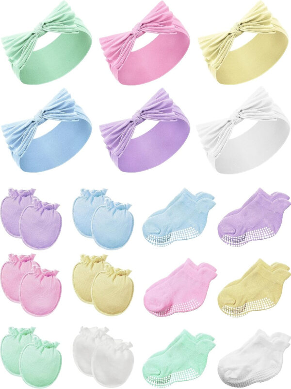 688ae9ed0016593e5d459d23fb85e37334f2f1fa8d6fd8bcd451d.jpg Geyoga 18 Pieces Baby Headband Newborn Socks and Mittens Sets Elastic Baby Essentials Boys Girls 0-6 Months
