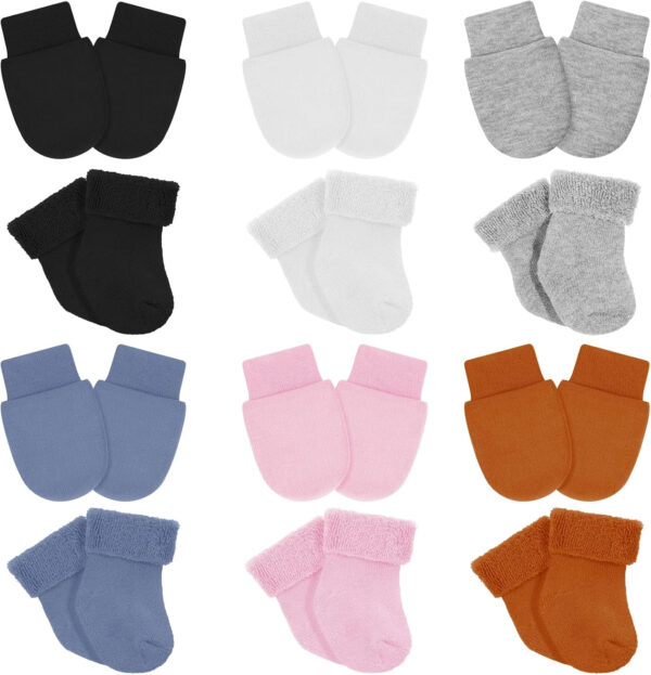 6 Pack Preemie Mittens and Socks Set Newborn Baby Mittens and Socks Set No Scratch Preemie Gloves Cotton for Boys Girls