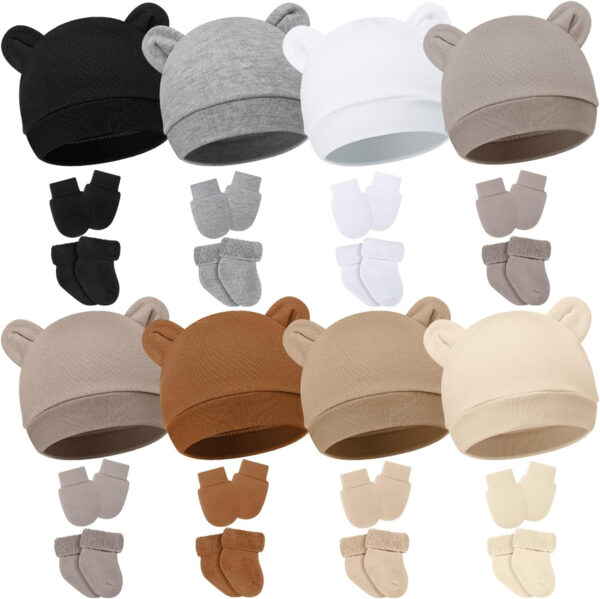 Geyoga 8 Pack Preemie Hats, Mittens and Socks Set - Cotton Preemie Caps, No Scratch Mittens, Warm Terry Socks for Baby Gifts