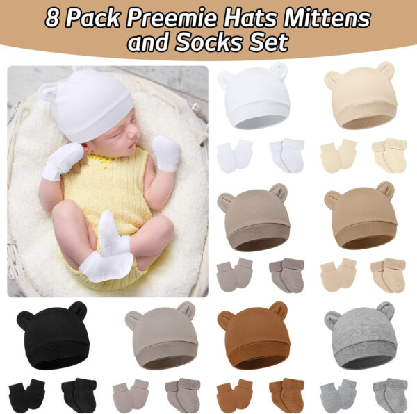 Geyoga 8 Pack Preemie Hats, Mittens and Socks Set - Cotton Preemie Caps, No Scratch Mittens, Warm Terry Socks for Baby Gifts