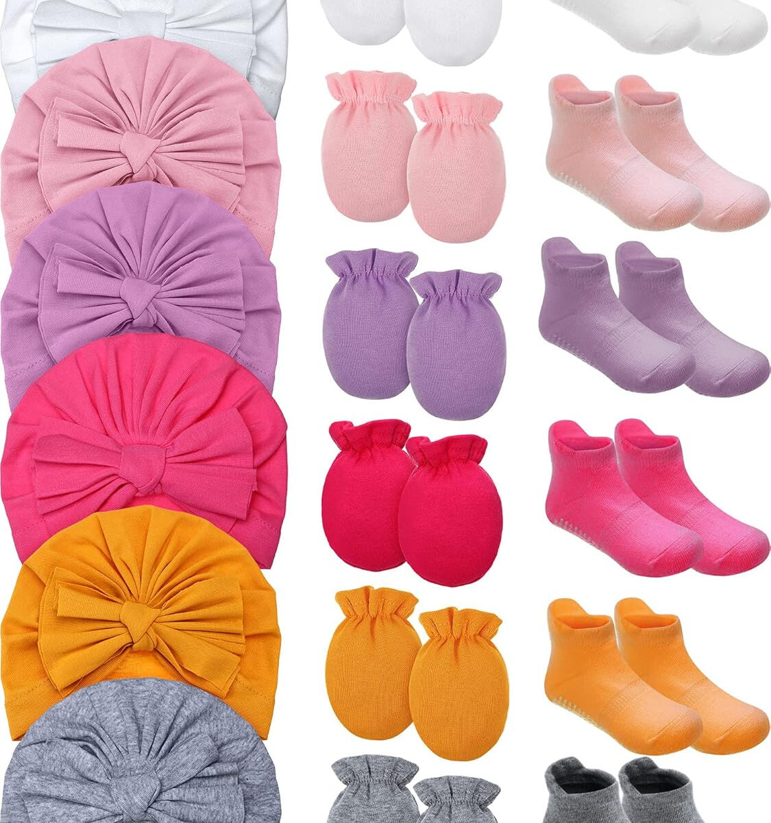 Leumoi 18 Pieces Newborn Baby No Scratch Mittens and Socks Sets Gloves Baby Turban Knot Hats Non-Slip Grip Ankle Socks for Baby Girls,Multicolor,Medium
