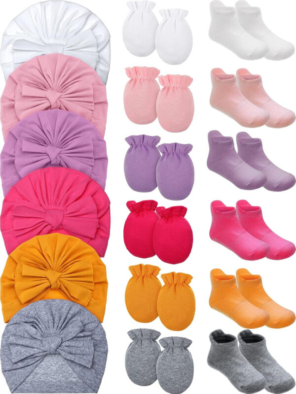 Leumoi 18 Pieces Newborn Baby No Scratch Mittens and Socks Sets Gloves Baby Turban Knot Hats Non-Slip Grip Ankle Socks for Baby Girls,Multicolor,Medium