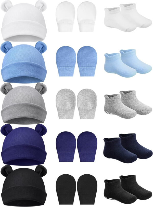 Geyoga Newborn Baby Hat Bear Ears Mittens and Socks Set for 0-6 Month