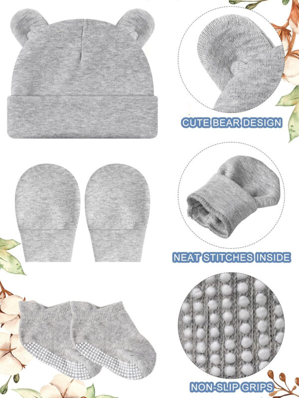 Geyoga Newborn Baby Hat Bear Ears Mittens and Socks Set for 0-6 Month
