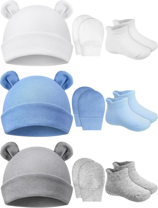 Geyoga Newborn Baby Hat Bear Ears Mittens and Socks Set for 0-6 Month