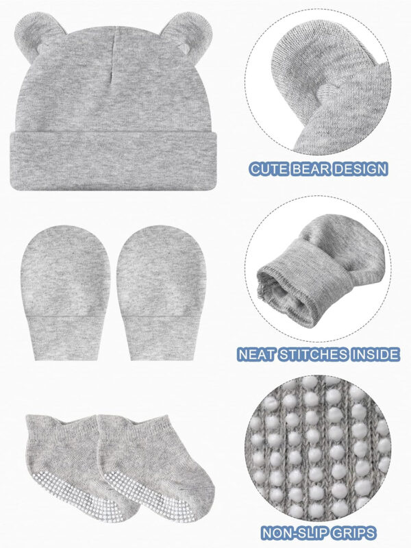 Geyoga Newborn Baby Hat Bear Ears Mittens and Socks Set for 0-6 Month