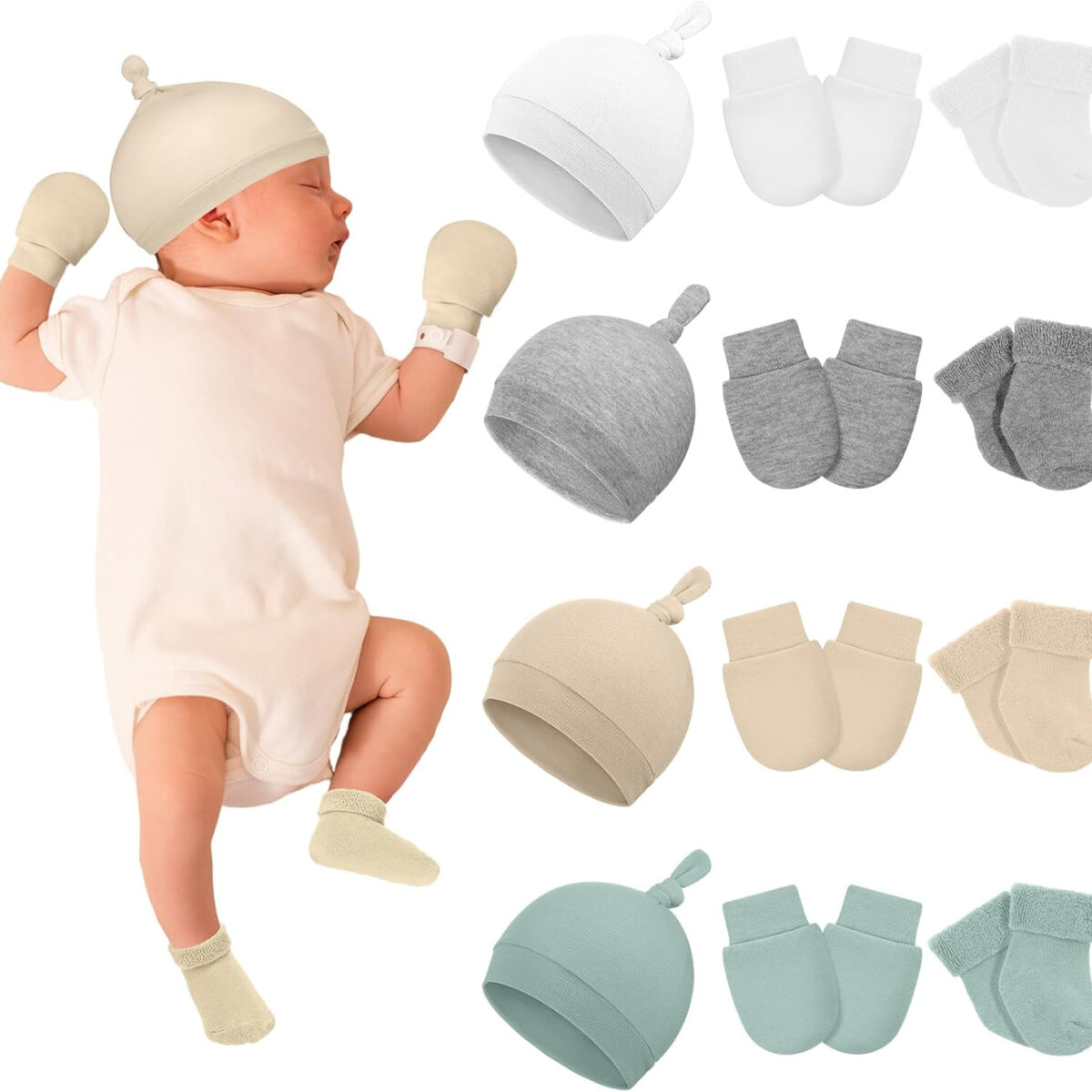 Ramede 4 Pack Preemie Hats Mitten and Socks Set Cotton Preemie Cap No Scratch Mittens Warm Terry Socks for Girls Boys