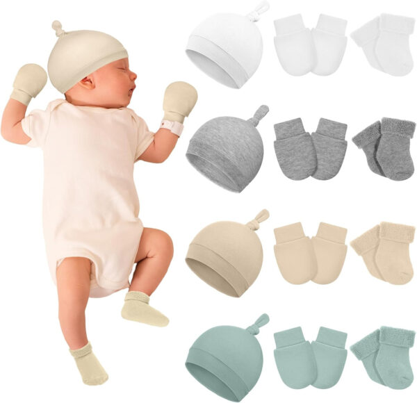 Ramede 4 Pack Preemie Hats Mitten and Socks Set Cotton Preemie Cap No Scratch Mittens Warm Terry Socks for Girls Boys