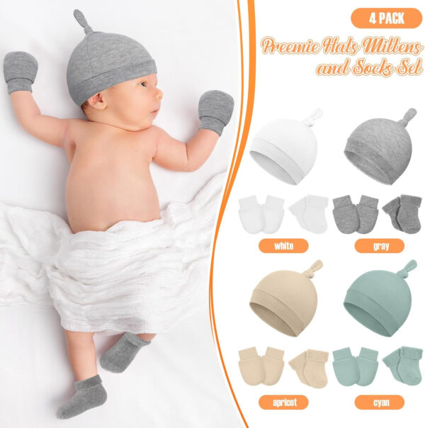 Ramede 4 Pack Preemie Hats Mitten and Socks Set Cotton Preemie Cap No Scratch Mittens Warm Terry Socks for Girls Boys