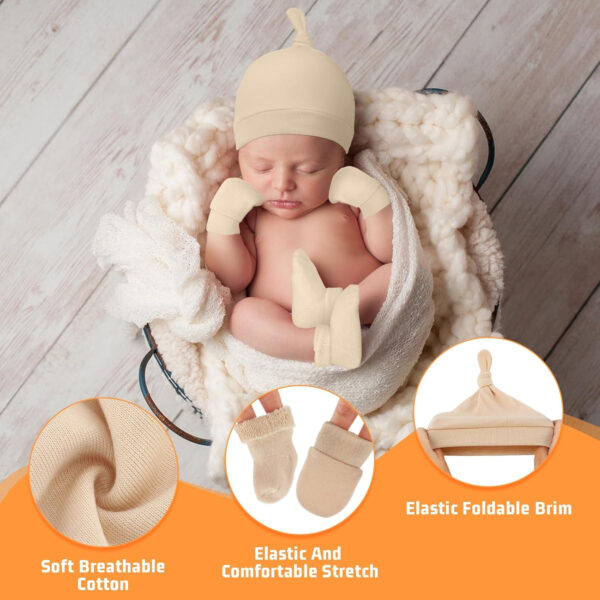 Ramede 4 Pack Preemie Hats Mitten and Socks Set Cotton Preemie Cap No Scratch Mittens Warm Terry Socks for Girls Boys